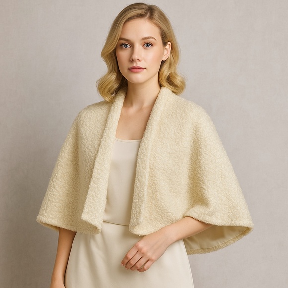 VINTAGE 1950s Cream Bouclé Sateen Lined Cape Old Money Glam One Size - Picture 1 of 14